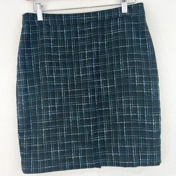 LOFT Plaid Mini Skirt size 4 Petite Academia Preppy Schoolgirl Black Blue Green - Picture 1 of 6